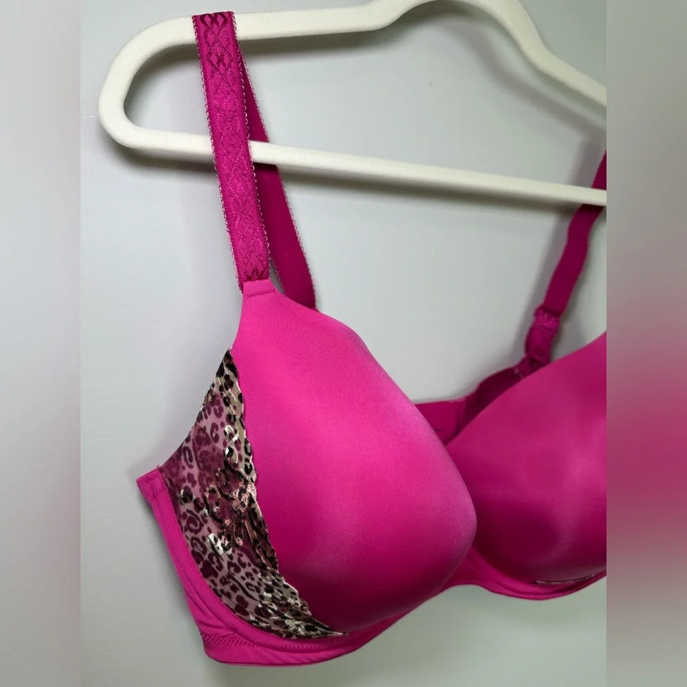1st & Curve Hot Pink Underwire Bra Leopard Lace Trim Plus Size‎ Molded Cups 38G